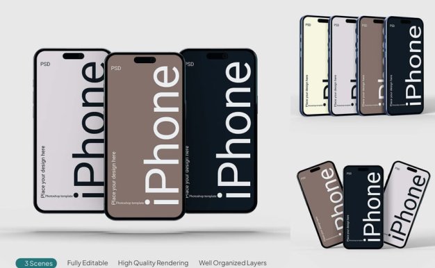 iPhone 16屏幕模型卷样机 (PSD,PDF)