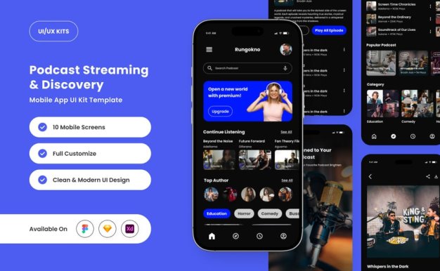 现代黑暗播客应用APP UI KIT (FIG,SKETCH,XD)