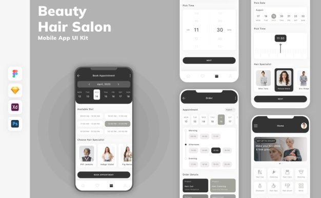 美容与美发沙龙移动应用APP UI KIT (SKETCH,FIG,XD,PSD)