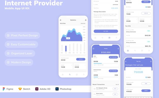 互联网提供商移动应用APP UI KIT (SKETCH,FIG,XD,PSD)