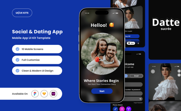 充满活力的约会和社交应用APP UI KIT (FIG,SKETCH,XD)