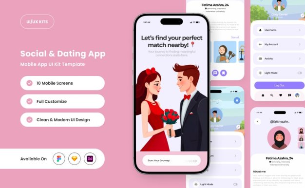 浪漫的社交和约会应用APP UI KIT (FIG,SKETCH,XD)