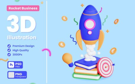 业务目标火箭3D概念插画 (PNG,PSD)