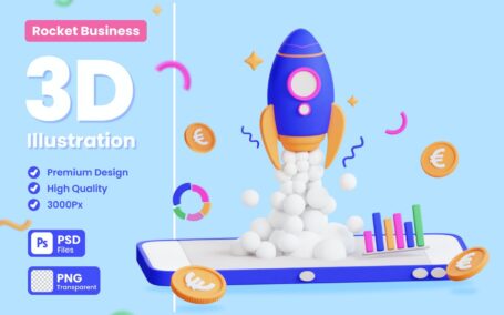 业务数据火箭3D概念插画 (PNG,PSD)