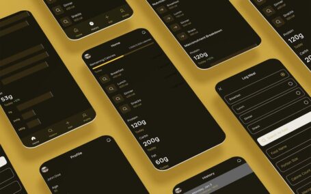 卡路里目标计数器、营养和食品黑色应用APP UI KIT (FIG,XD,SVG,SKETCH,PSD)