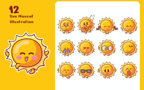 可爱的太阳贴纸插图套装 (AI,EPS,JPG,PNG)