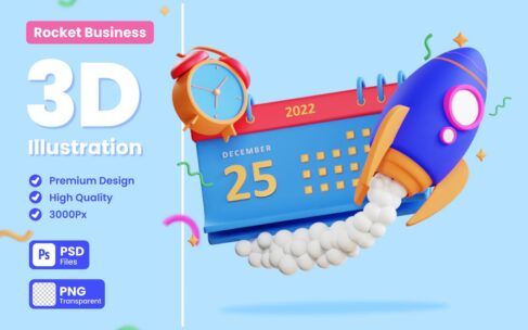 业务日程火箭3D概念插画 (PNG,PSD)