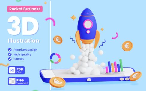 业务数据火箭3D概念插画 (PNG,PSD)