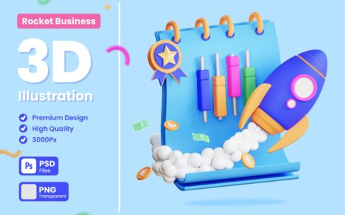 业务数据火箭3D概念插画 (PNG,PSD)