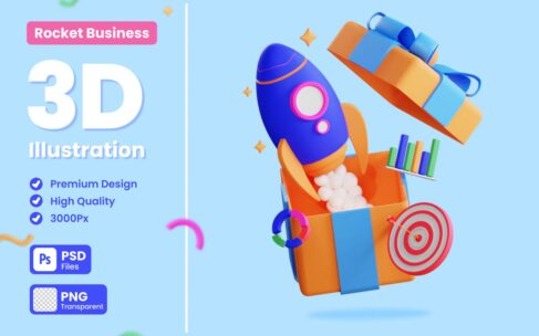 业务运营火箭3D概念插画 (PNG,PSD)