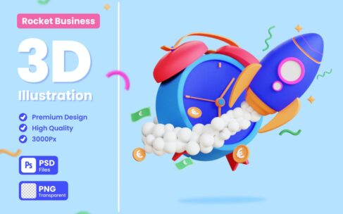 业务周期火箭3D概念插画 (PNG,PSD)