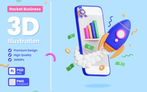 业务数据火箭3D概念插画 (PNG,PSD)