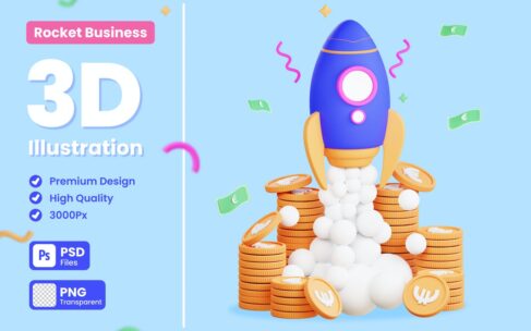 业务一飞冲天火箭3D概念插画 (PNG,PSD)
