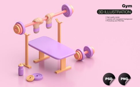 运动元素健身器材手持杠铃和3D水瓶插画 (PNG)