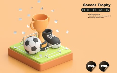 3D球场足球奖杯插画 (PNG)