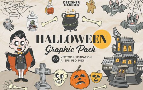 万圣节元素矢量插画（南瓜、魔法药剂瓶、女巫锅、骷髅、蝙蝠、僵尸之手、万圣节糖果、蜘蛛网、墓碑、鬼屋） (AI,EPS,SVG,PSD,PNG)