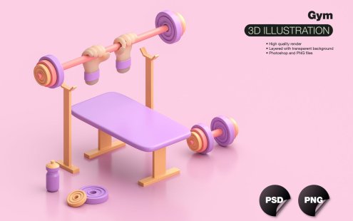 运动元素健身器材手持杠铃和3D水瓶插画 (PNG)