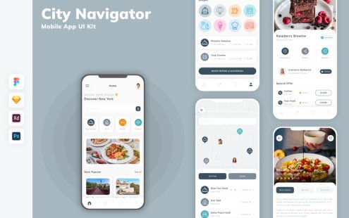 城市导航器移动应用 APP UI KIT (SKETCH,FIG,XD,PSD)