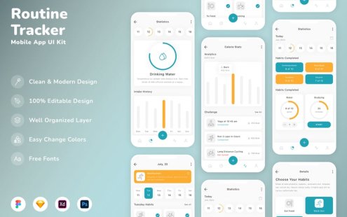 日常追踪移动应用 APP UI KIT (SKETCH,FIG,XD,PSD)