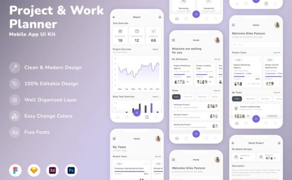 项目和工作规划器移动应用APP UI KIT (SKETCH,XD,FIG,PSD)