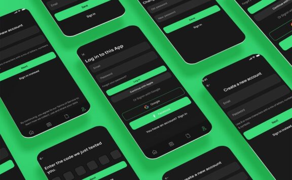 登录、登录和注册、密码屏幕黑色应用APP UI KIT (FIG,PSD,SKETCH,SVG,XD)