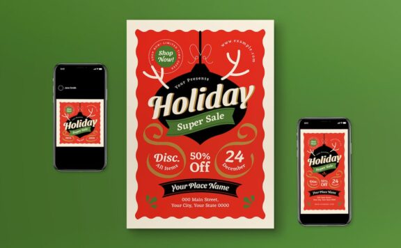 红色平面设计圣诞假日销售海报传单集 (AI,PSD)