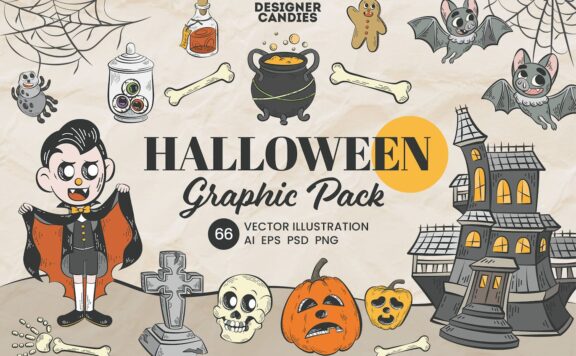 万圣节元素矢量插画（南瓜、魔法药剂瓶、女巫锅、骷髅、蝙蝠、僵尸之手、万圣节糖果、蜘蛛网、墓碑、鬼屋） (AI,EPS,SVG,PSD,PNG)
