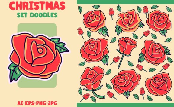 设置玫瑰花纹身复古插图 (AI,EPS,JPG,PNG)