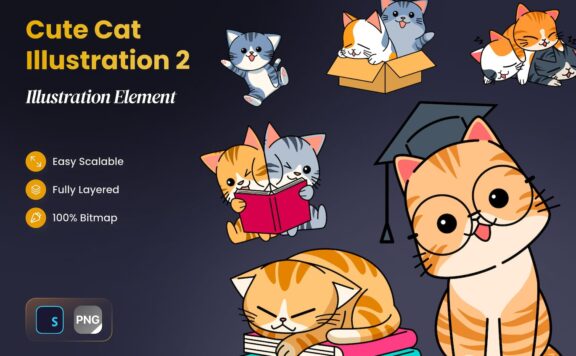 可爱的猫插图2 (PSD,PNG)