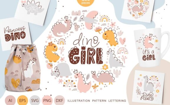 可爱恐龙女孩SVG矢量插画素材 (svg,ai,eps)