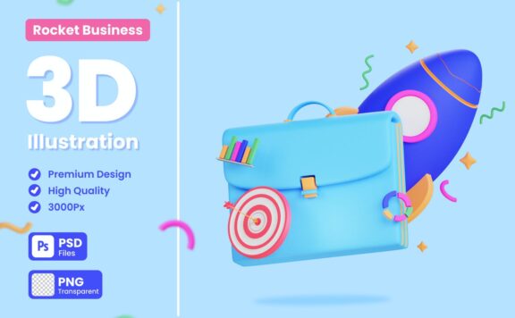 业务运营火箭3D概念插画 (PNG,PSD)