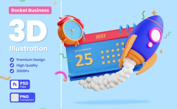 业务日程火箭3D概念插画 (PNG,PSD)
