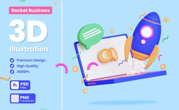 业务数据火箭3D概念插画 (PNG,PSD)