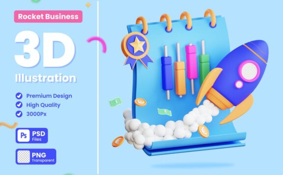 业务数据火箭3D概念插画 (PNG,PSD)