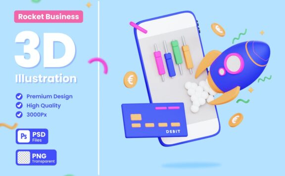 数据仪表盘火箭3D概念插画 (PNG,PSD)