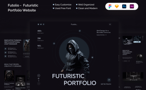 未来派投资组合网页模板 (FIG,PSD,SKETCH,XD)