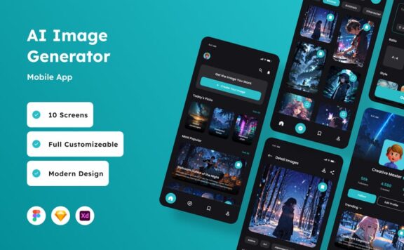 AI 图像生成器移动应用APP UI KIT (FIG,SKETCH,XD)