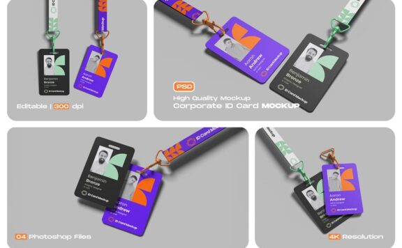 企业ID卡（工牌）模型带有干净的背景样机 (PSD)