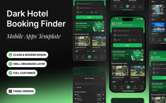 酒店预订Finder 移动应用（暗黑风格）APP UI KIT (FIG)
