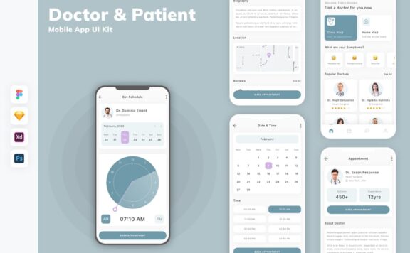 医生和病人移动应用 APP UI Kit (SKETCH,FIG,XD,PSD)