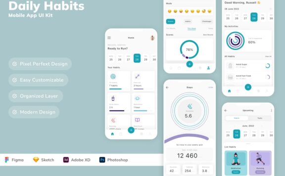 日常习惯移动应用App UI Kit (SKETCH,FIG,XD,PSD)