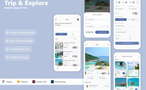 旅行和探索移动应用App UI Kit (SKETCH,FIG,XD,PSD)