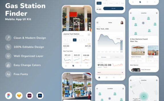 加油站查找器移动应用  App UI Kit (SKETCH,FIG,XD,PSD)
