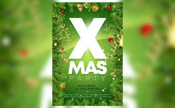 绿色装饰圣诞快乐传单海报 (PSD)