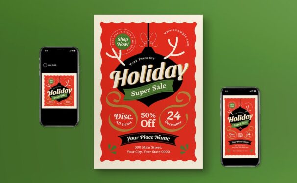 红色平面设计圣诞假日销售海报传单集 (AI,PSD)