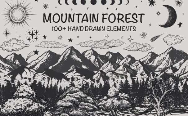 山地森林景观矢量插画 (AI,EPS,SVG,JPG,PNG)