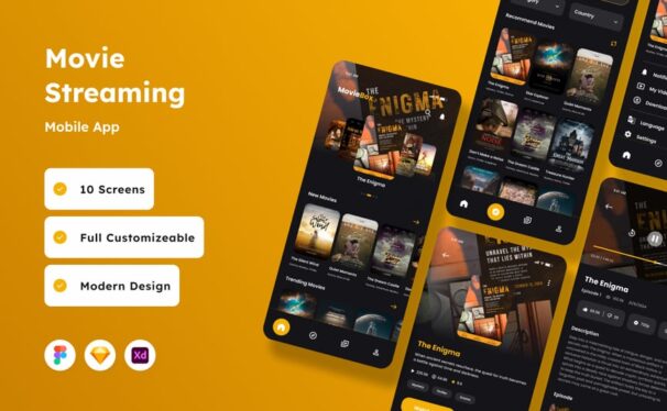 电影流媒体移动应用APP UI KIT (FIG,SKETCH,XD)