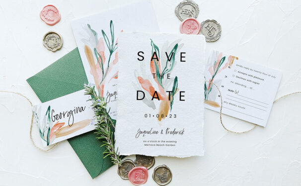 树叶元素翡翠绿婚礼请柬套装模板 (psd)