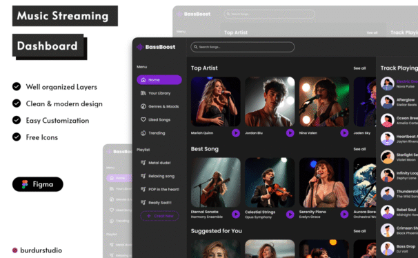 音乐流仪表板网页模板 (FIG)