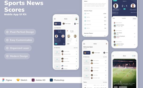 体育新闻和比分移动应用  APP UI Kit (SKETCH,FIG,XD,PSD)